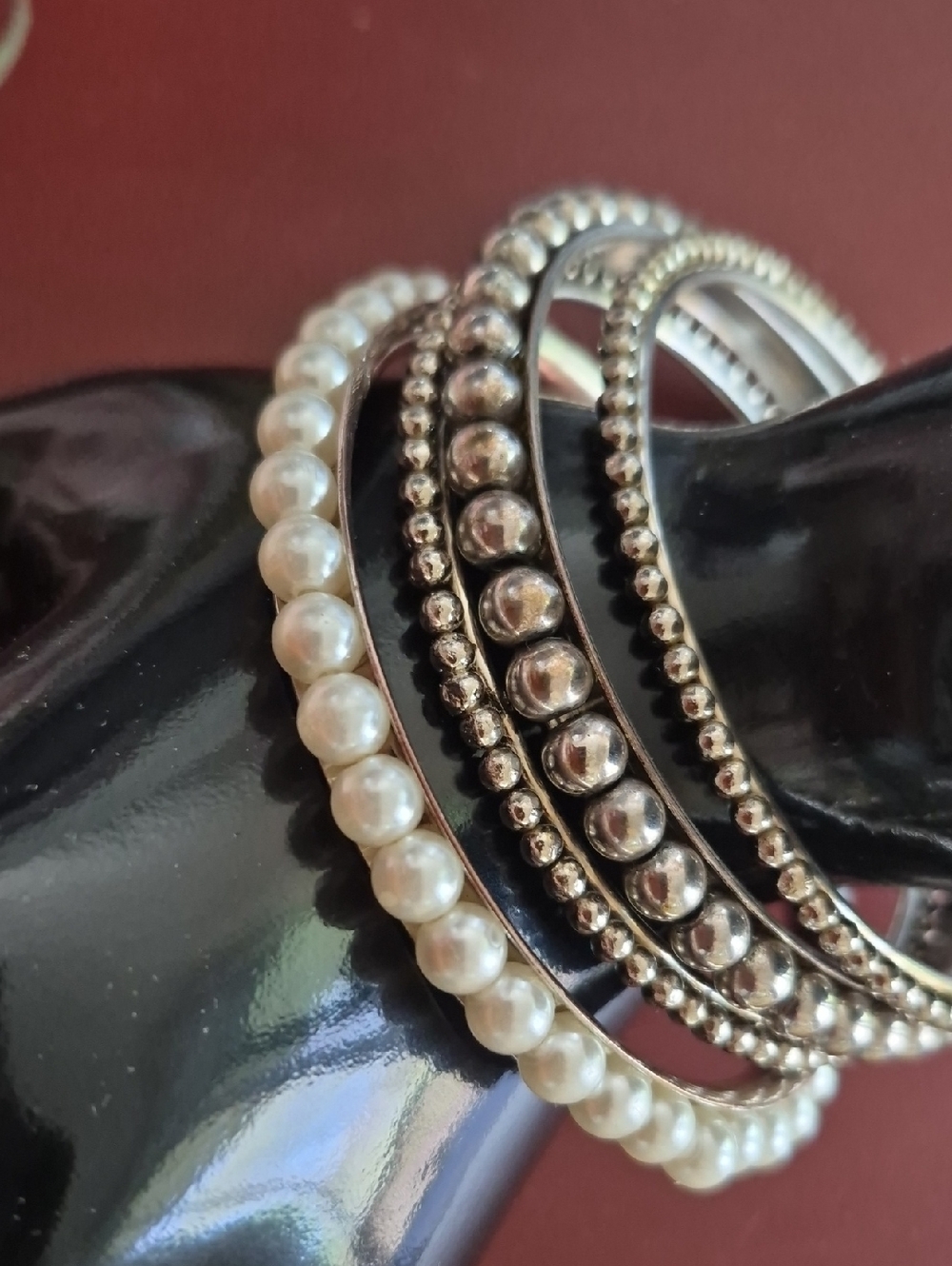 4 Pc Vintage Asst Silver Beaded Pearl Bangle Stackable Bracelet Set